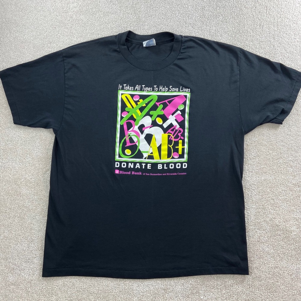 Vintage 90s Donate Blood Hanes T-Shirt Mens XL Black Graphic Single Stitch Tee